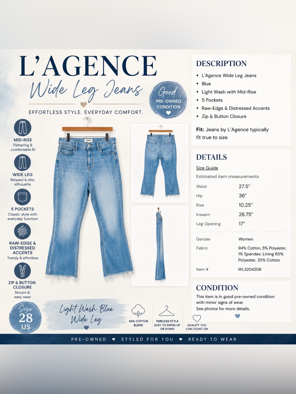 L’Agence Mid-Rise Wide Leg Jeans – Size 28 Raw Hem
